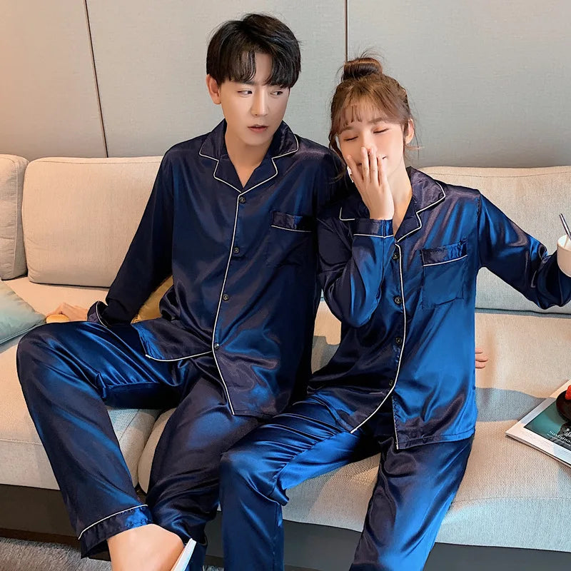 Pyjama DUO  en soie satiné Bleu