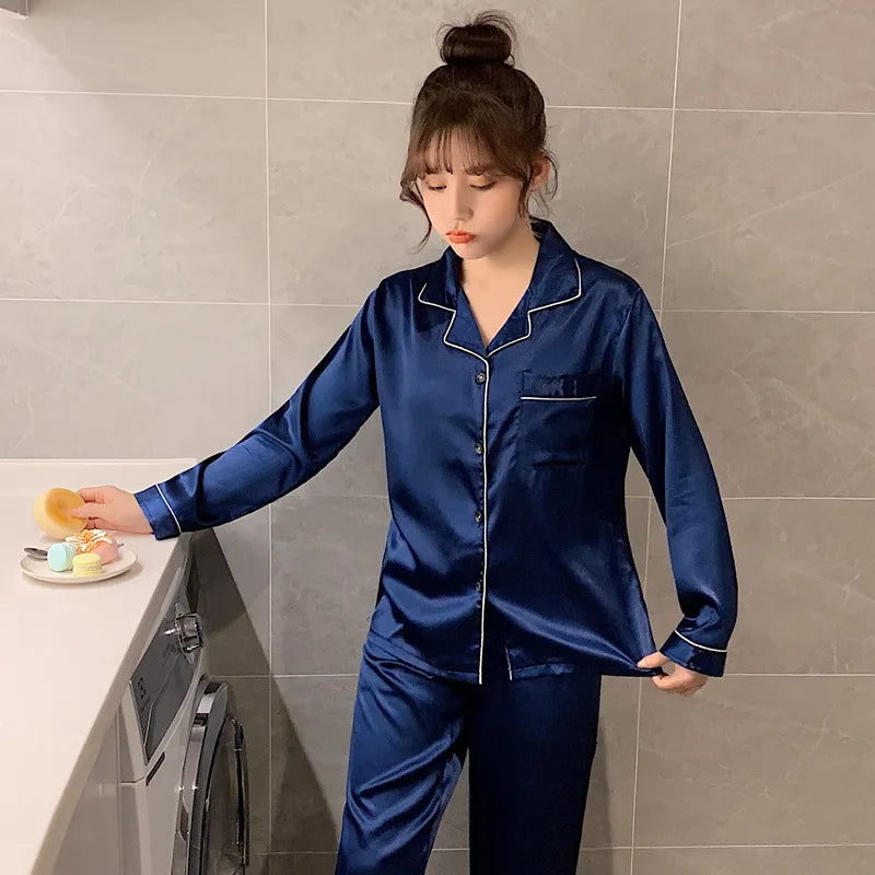 Pyjama DUO  en soie satiné Bleu