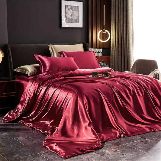 Kit Parure de Lit en Soie Satinée 100% Rouge