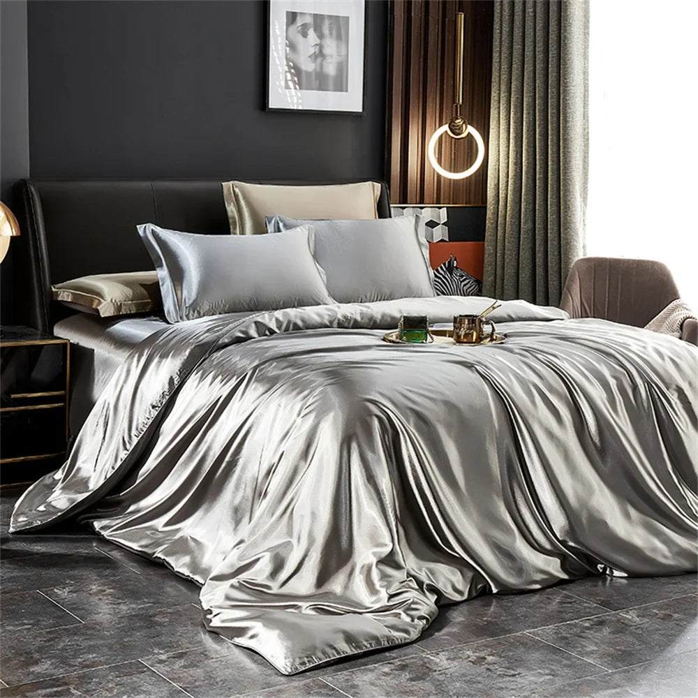 Kit Parure de Lit en Soie Satinée 100% Gris