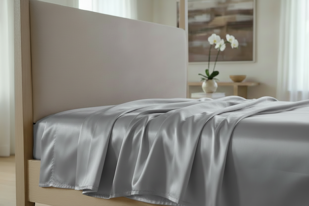 Kit Parure de Lit en Soie Satinée 100% Gris